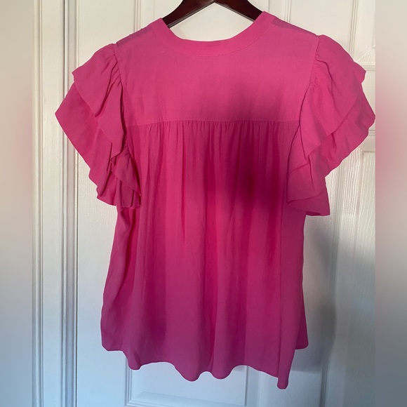 A Loves A Women Pink Tasseled Ruffle Layered Short Sleeve V-Neck Top Blouse L - Picture 9 of 15